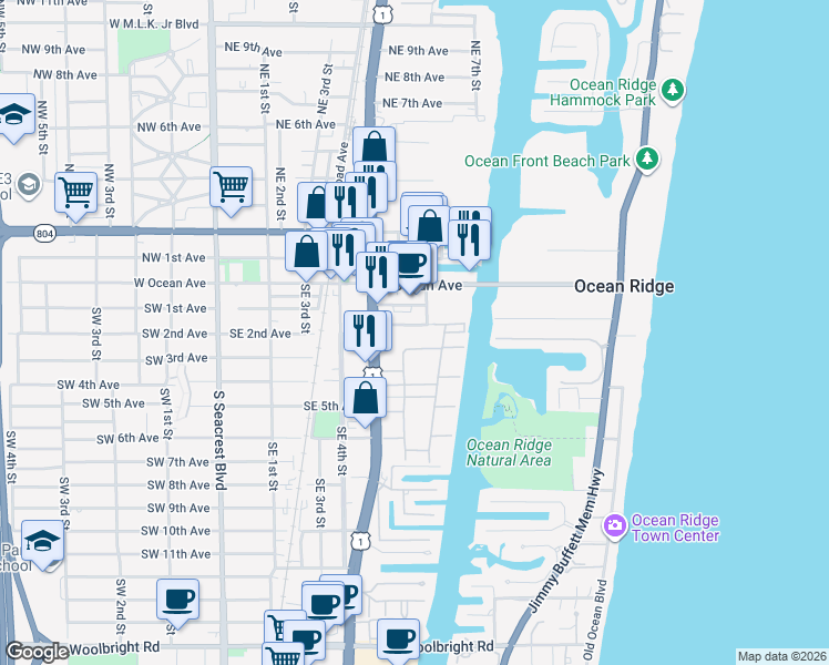 map of restaurants, bars, coffee shops, grocery stores, and more near 625 Southeast 2nd Avenue in Boynton Beach