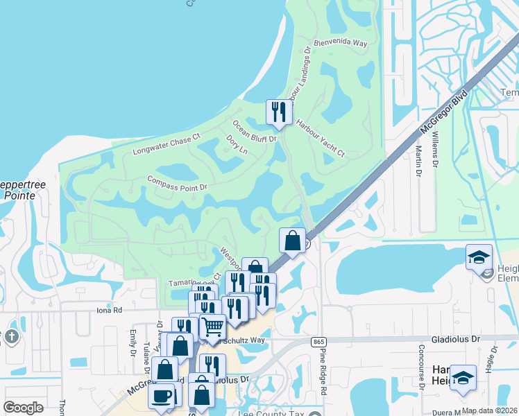 map of restaurants, bars, coffee shops, grocery stores, and more near 14985 Rivers Edge Court in Fort Myers