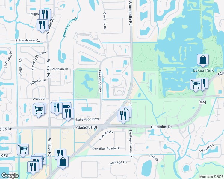 map of restaurants, bars, coffee shops, grocery stores, and more near C South Woods Circle in Fort Myers