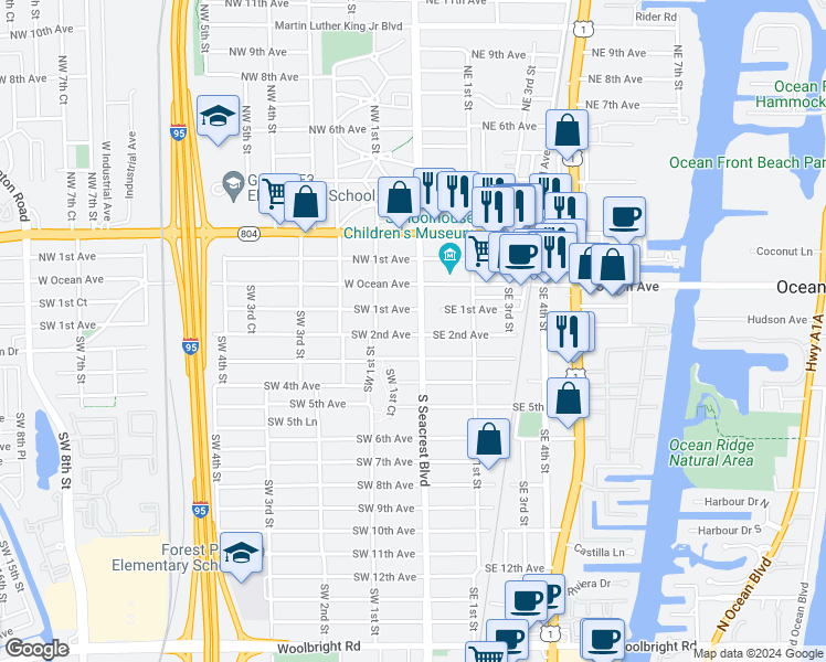 map of restaurants, bars, coffee shops, grocery stores, and more near 207 South Seacrest Boulevard in Boynton Beach