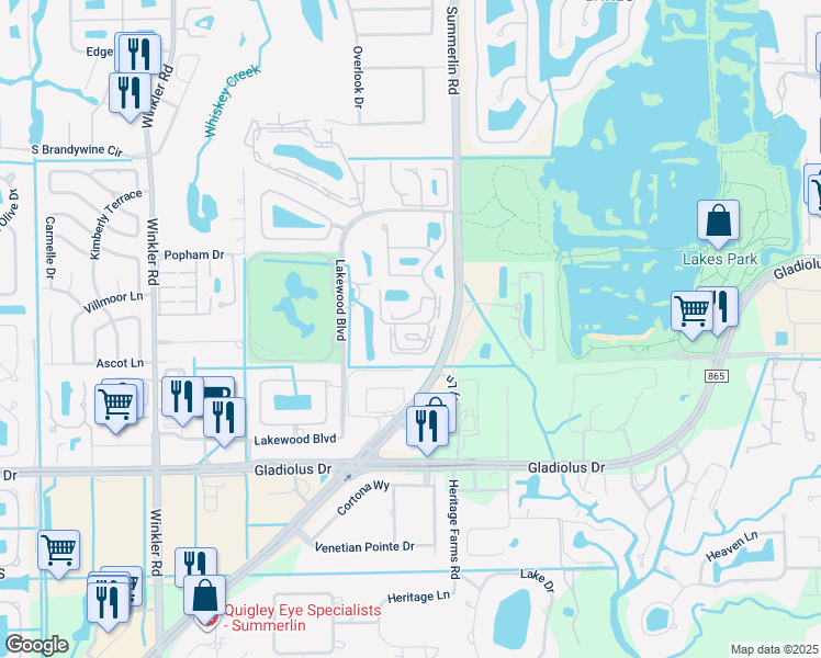 map of restaurants, bars, coffee shops, grocery stores, and more near C South Woods Circle in Fort Myers