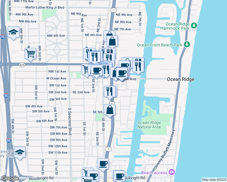 map of restaurants, bars, coffee shops, grocery stores, and more near 212 South Federal Highway in Boynton Beach