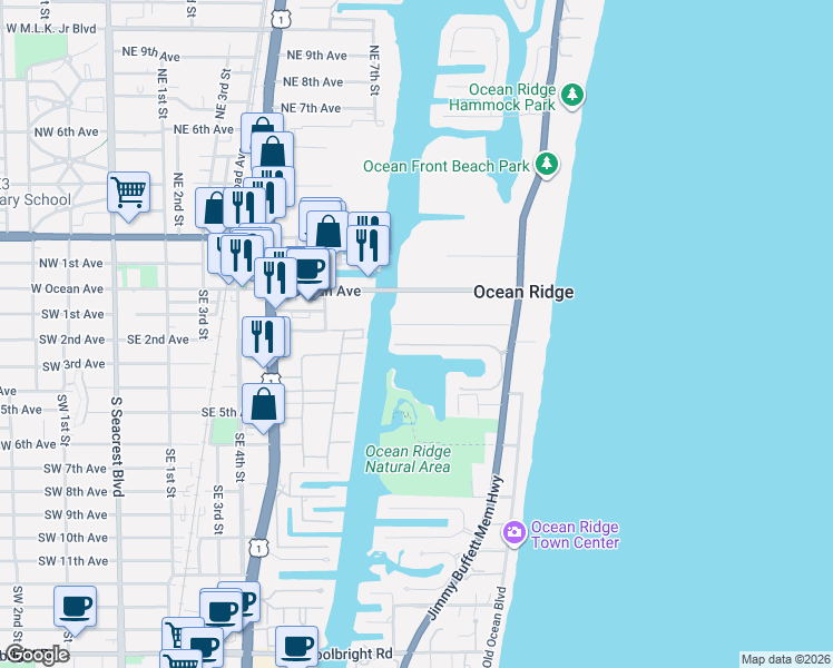 map of restaurants, bars, coffee shops, grocery stores, and more near 21 Hudson Avenue in Ocean Ridge