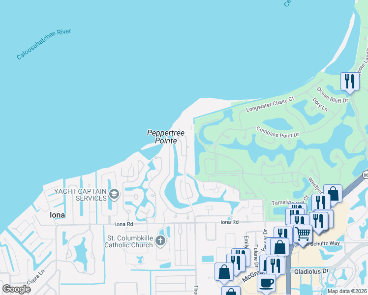 map of restaurants, bars, coffee shops, grocery stores, and more near 14851 Laguna Drive in Fort Myers