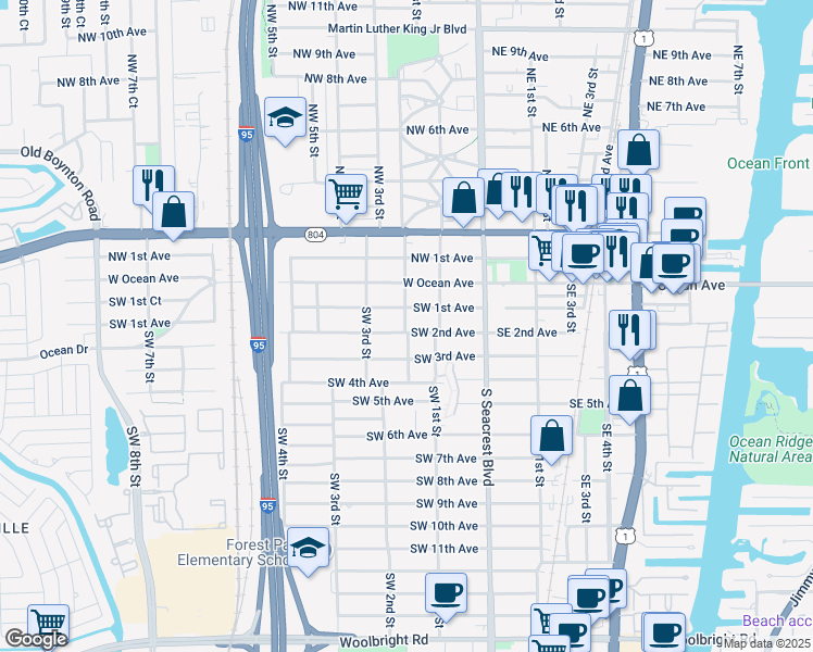 map of restaurants, bars, coffee shops, grocery stores, and more near 200 Southwest 2nd Street in Boynton Beach