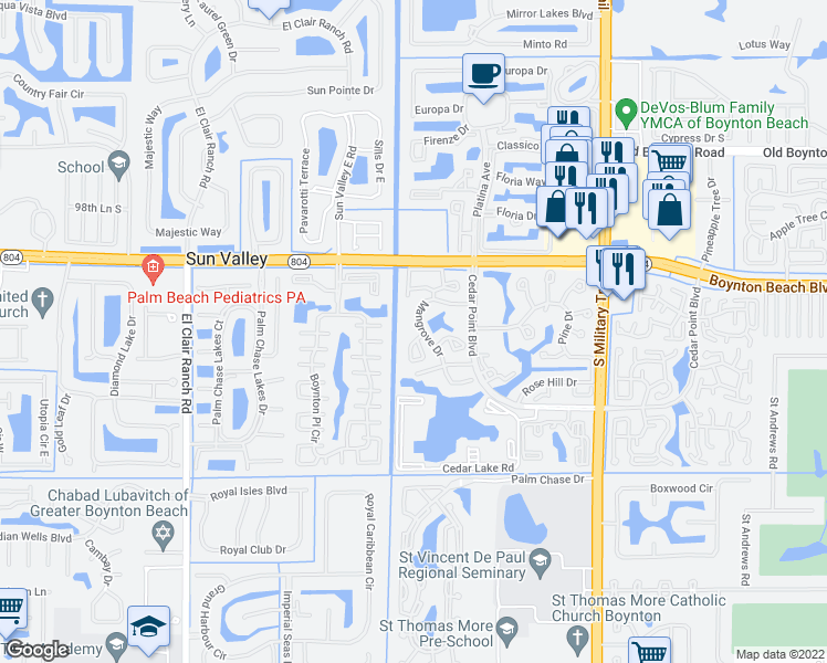 map of restaurants, bars, coffee shops, grocery stores, and more near 10161 Mangrove Drive in Boynton Beach