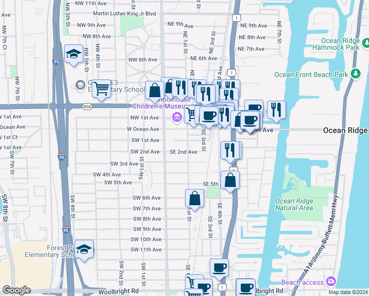 map of restaurants, bars, coffee shops, grocery stores, and more near 145 Southeast 2nd Avenue in Boynton Beach