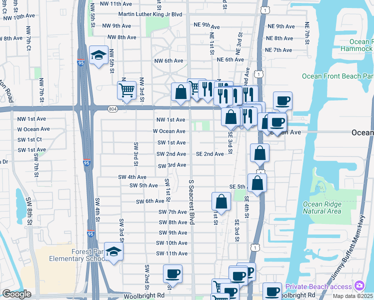 map of restaurants, bars, coffee shops, grocery stores, and more near 207 South Seacrest Boulevard in Boynton Beach