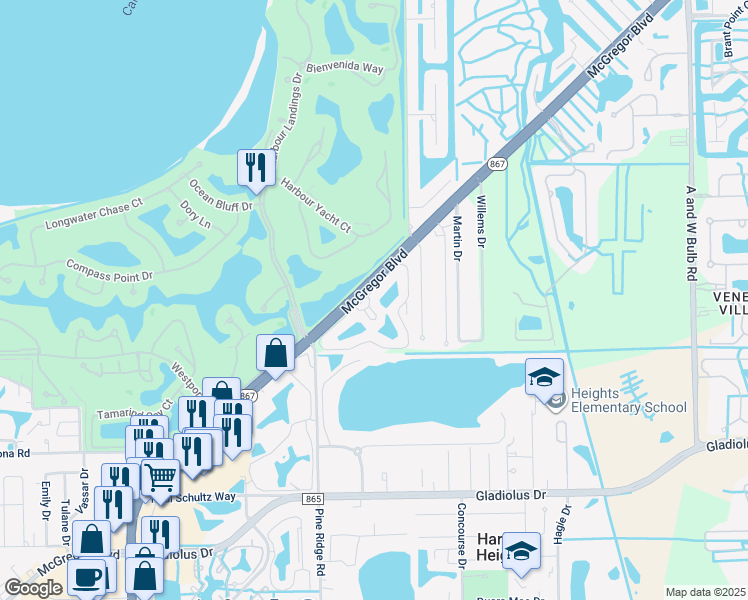 map of restaurants, bars, coffee shops, grocery stores, and more near 203 McGregor Park Circle in Fort Myers
