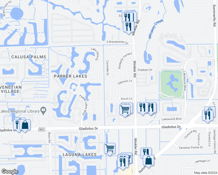 map of restaurants, bars, coffee shops, grocery stores, and more near 6954 Pickadilly Court in Fort Myers