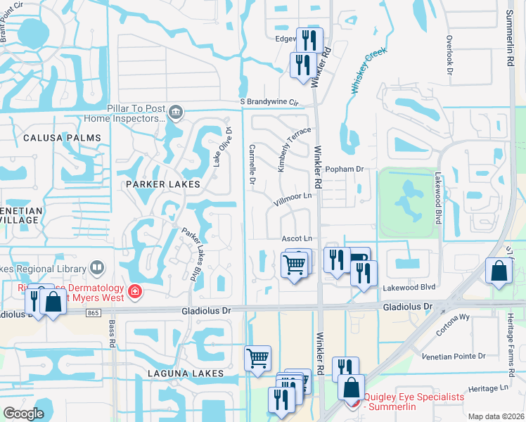map of restaurants, bars, coffee shops, grocery stores, and more near 6954 Pickadilly Court in Fort Myers