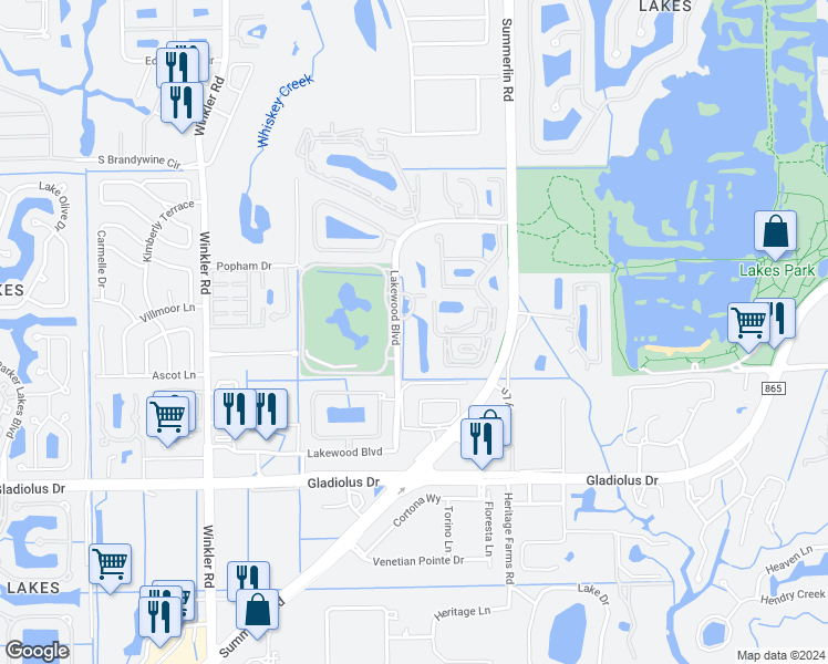 map of restaurants, bars, coffee shops, grocery stores, and more near 14901 Park Lake Drive in Fort Myers