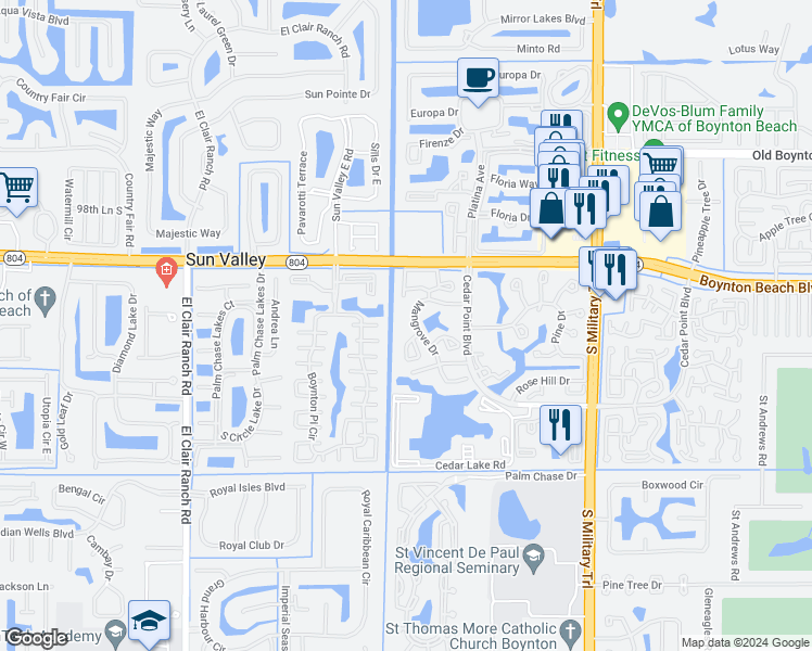 map of restaurants, bars, coffee shops, grocery stores, and more near 10161 Mangrove Drive in Boynton Beach