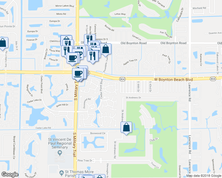 map of restaurants, bars, coffee shops, grocery stores, and more near 4701 Greentree Terrace in Boynton Beach