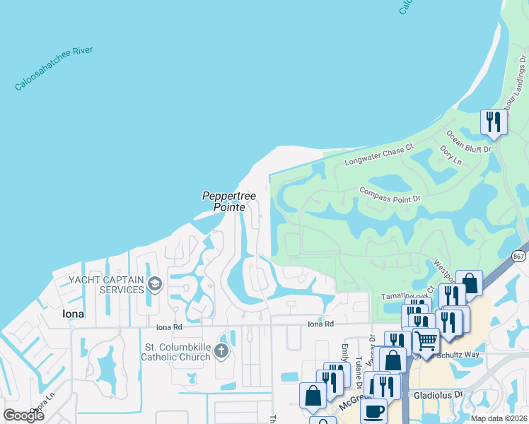 map of restaurants, bars, coffee shops, grocery stores, and more near 14851 Laguna Drive in Fort Myers