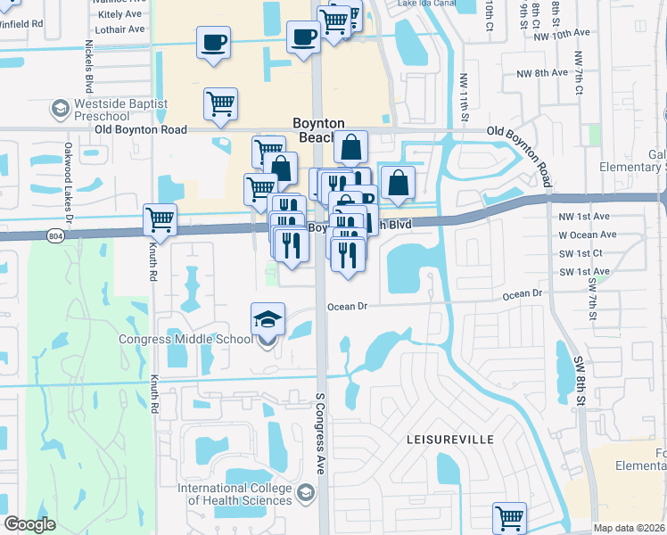 map of restaurants, bars, coffee shops, grocery stores, and more near 240 North Congress Avenue in Boynton Beach