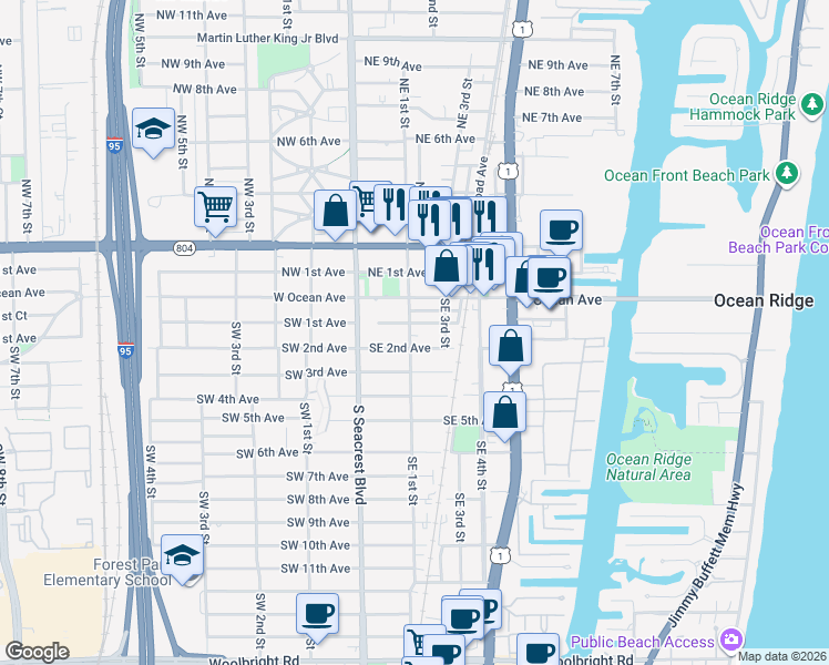 map of restaurants, bars, coffee shops, grocery stores, and more near 210 Southeast 1st Street in Boynton Beach