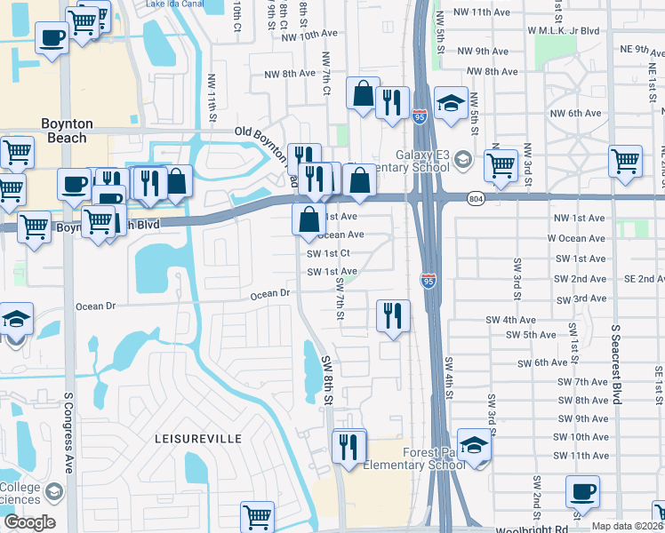 map of restaurants, bars, coffee shops, grocery stores, and more near 701 Southwest 1st Avenue in Boynton Beach