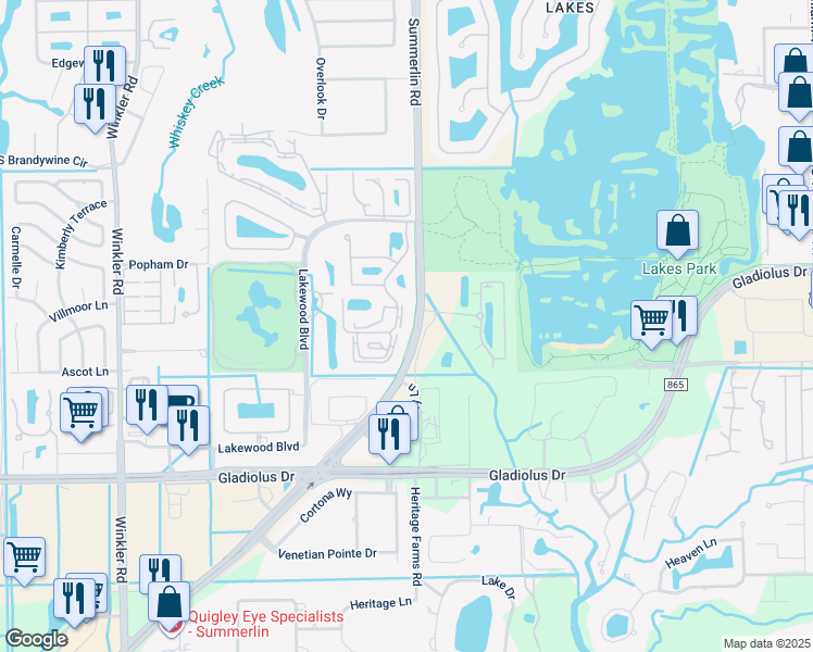 map of restaurants, bars, coffee shops, grocery stores, and more near 14861 Summerlin Woods Drive in Fort Myers