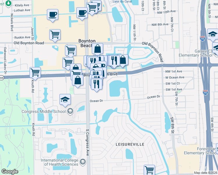 map of restaurants, bars, coffee shops, grocery stores, and more near 202 Lake Terrace in Boynton Beach