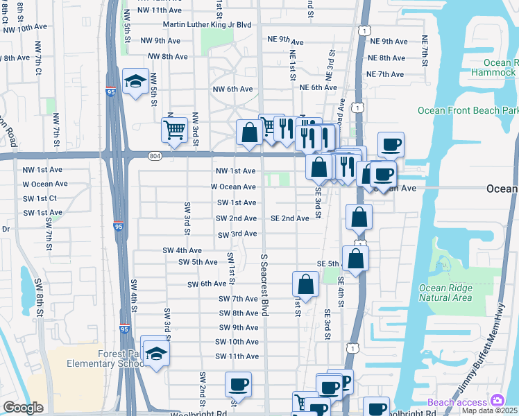 map of restaurants, bars, coffee shops, grocery stores, and more near 207 South Seacrest Boulevard in Boynton Beach