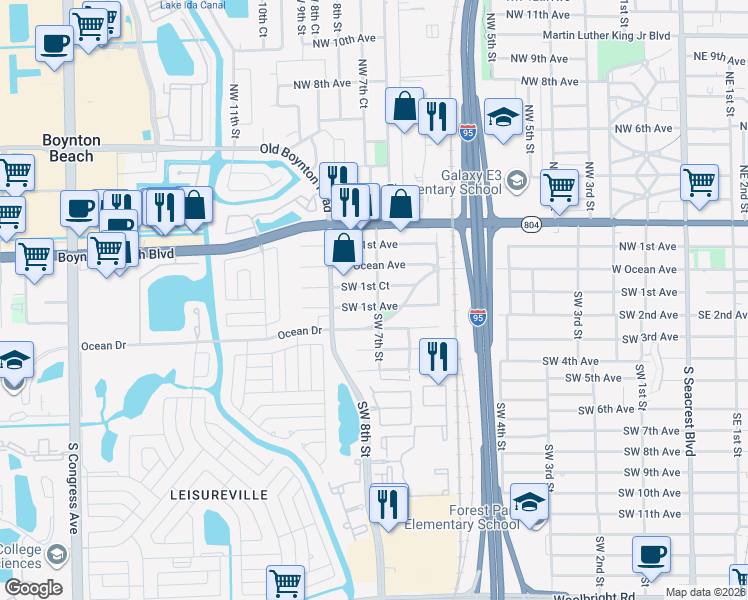 map of restaurants, bars, coffee shops, grocery stores, and more near 701 Southwest 1st Avenue in Boynton Beach