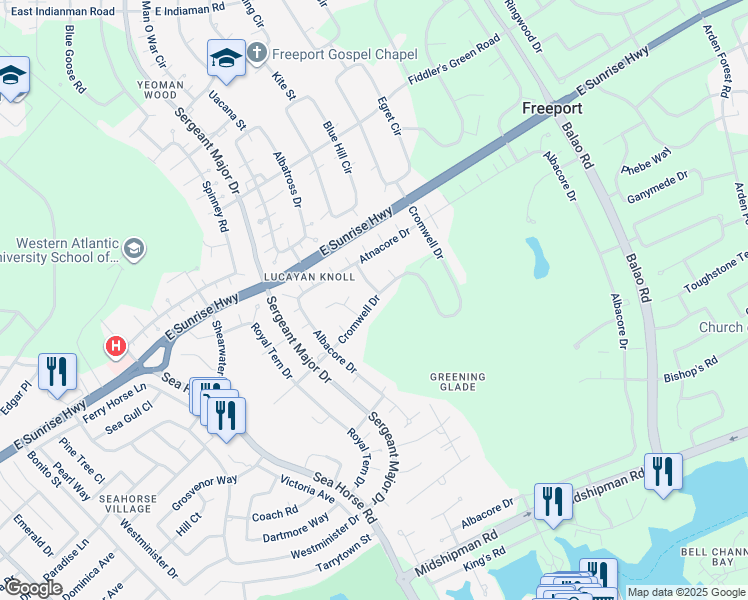 map of restaurants, bars, coffee shops, grocery stores, and more near Cromwell Drive in Freeport
