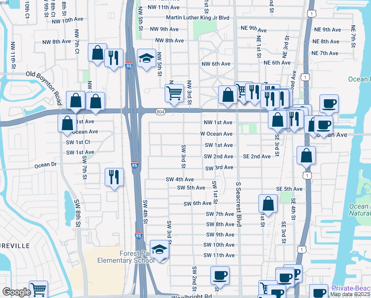map of restaurants, bars, coffee shops, grocery stores, and more near 206 Southwest 3rd Street in Boynton Beach
