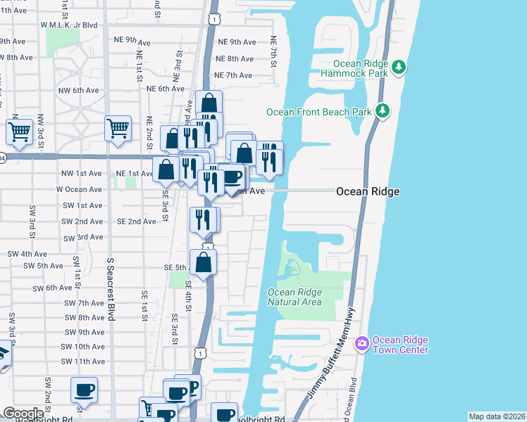 map of restaurants, bars, coffee shops, grocery stores, and more near 825 Southeast 2nd Avenue in Boynton Beach