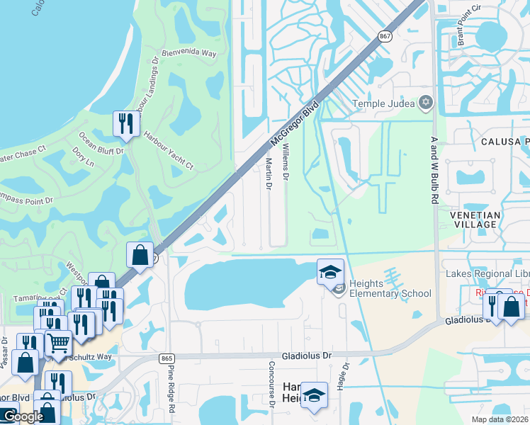 map of restaurants, bars, coffee shops, grocery stores, and more near 14845 Kimberly Lane in Fort Myers