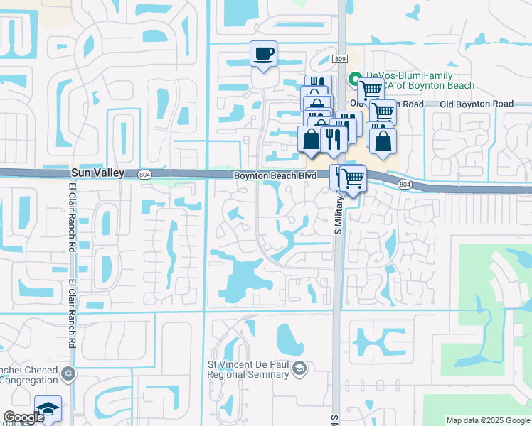 map of restaurants, bars, coffee shops, grocery stores, and more near 10110 Cedar Point Boulevard in Boynton Beach