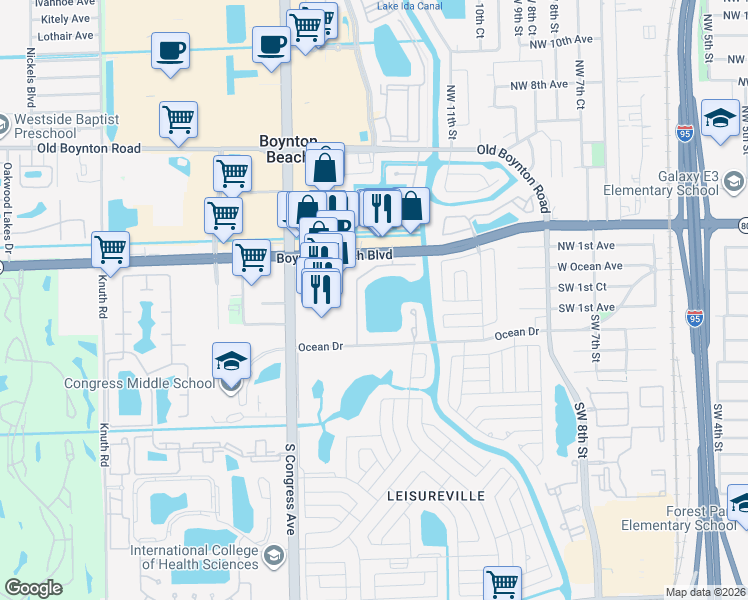 map of restaurants, bars, coffee shops, grocery stores, and more near 31 Lake Terrace in Boynton Beach