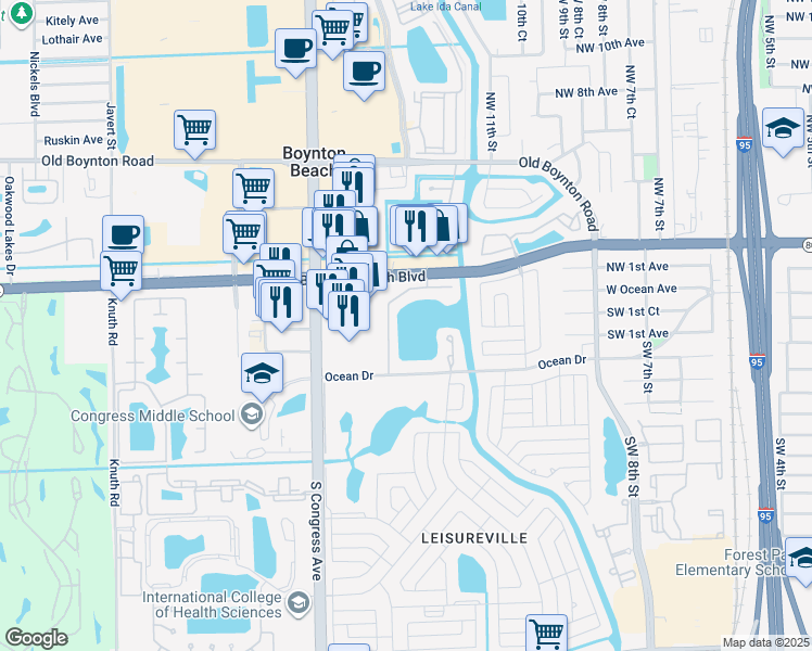 map of restaurants, bars, coffee shops, grocery stores, and more near 31 Lake Terrace in Boynton Beach