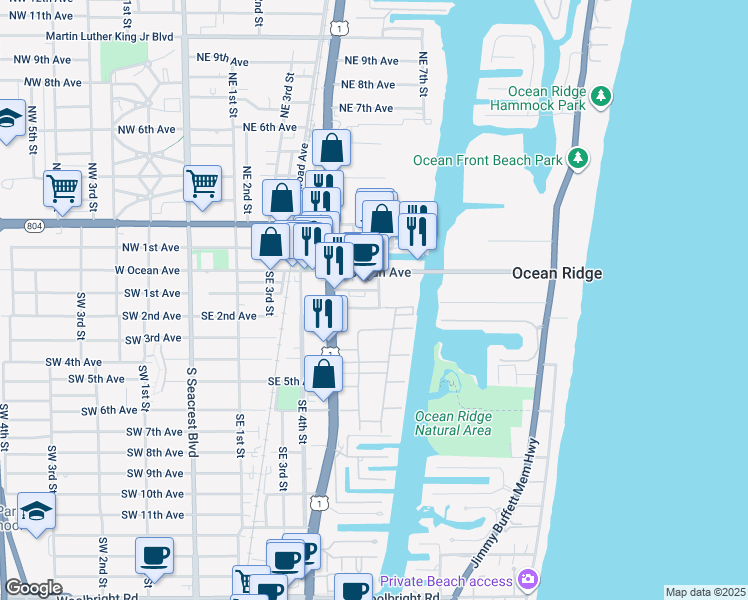 map of restaurants, bars, coffee shops, grocery stores, and more near 625 Southeast 2nd Avenue in Boynton Beach