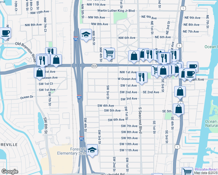 map of restaurants, bars, coffee shops, grocery stores, and more near 206 Southwest 3rd Street in Boynton Beach
