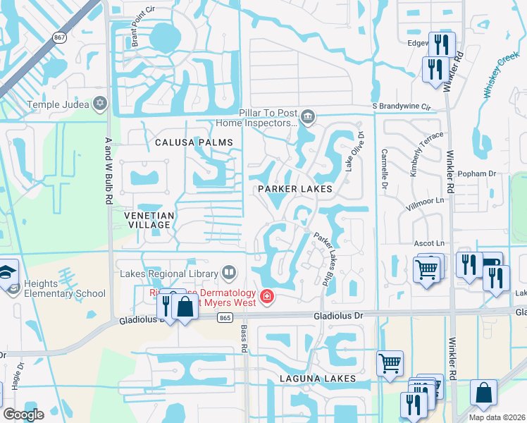 map of restaurants, bars, coffee shops, grocery stores, and more near 14960 Vista View Way in Fort Myers