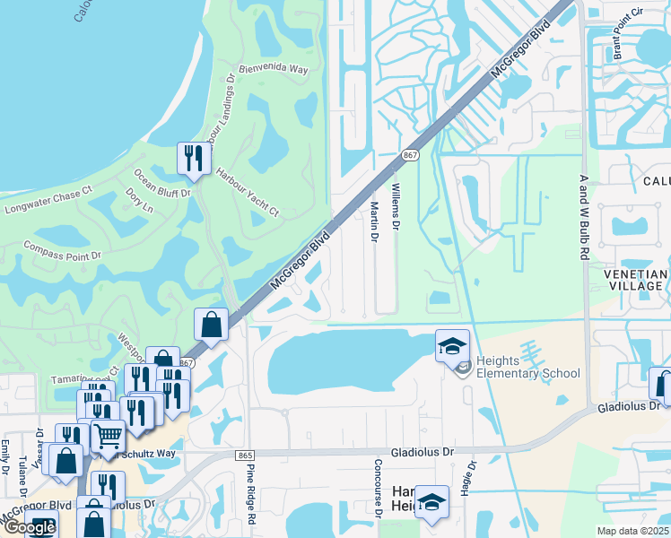 map of restaurants, bars, coffee shops, grocery stores, and more near 14830 Mahoe Ct in Fort Myers