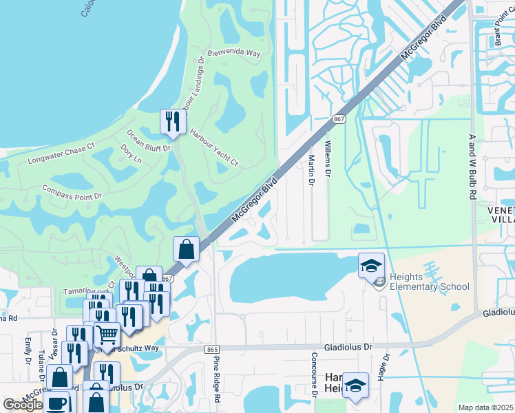 map of restaurants, bars, coffee shops, grocery stores, and more near 203 McGregor Park Circle in Fort Myers