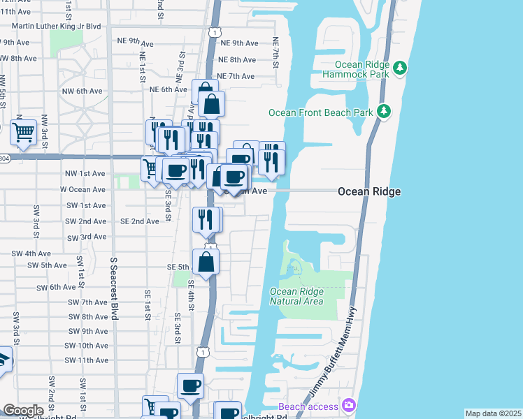 map of restaurants, bars, coffee shops, grocery stores, and more near 825 Southeast 2nd Avenue in Boynton Beach