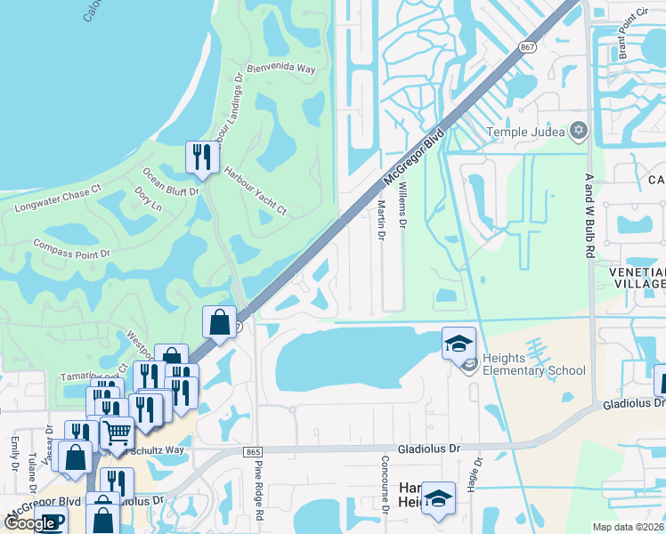 map of restaurants, bars, coffee shops, grocery stores, and more near 14830 Mahoe Court in Fort Myers