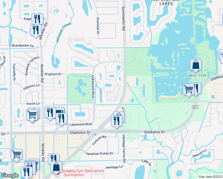 map of restaurants, bars, coffee shops, grocery stores, and more near C South Woods Circle in Fort Myers