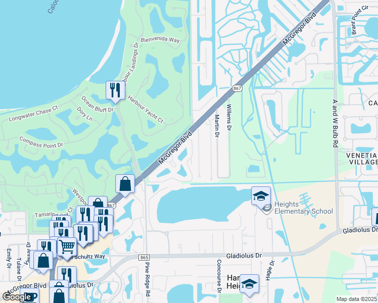 map of restaurants, bars, coffee shops, grocery stores, and more near 14830 Mahoe Court in Fort Myers