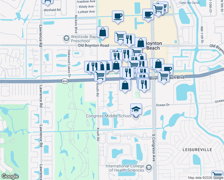 map of restaurants, bars, coffee shops, grocery stores, and more near 1802 Banyan Creek Circle North in Boynton Beach
