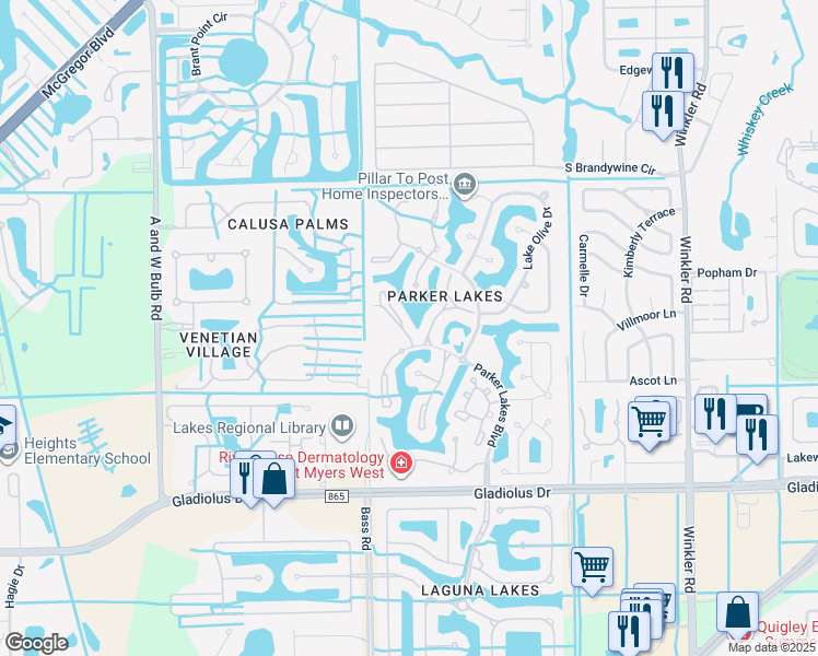 map of restaurants, bars, coffee shops, grocery stores, and more near 14960 Vista View Way in Fort Myers