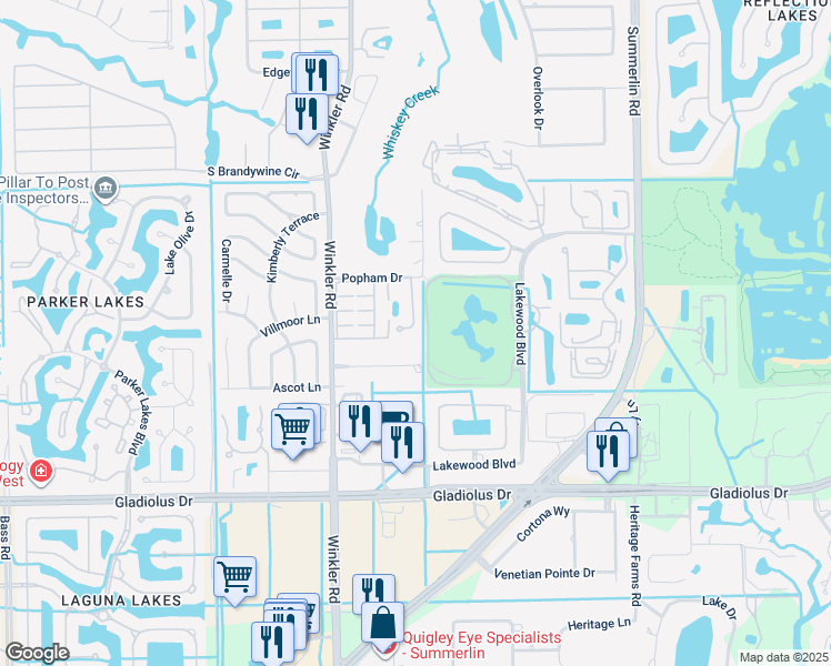 map of restaurants, bars, coffee shops, grocery stores, and more near 14821 Royal Oak Court in Fort Myers