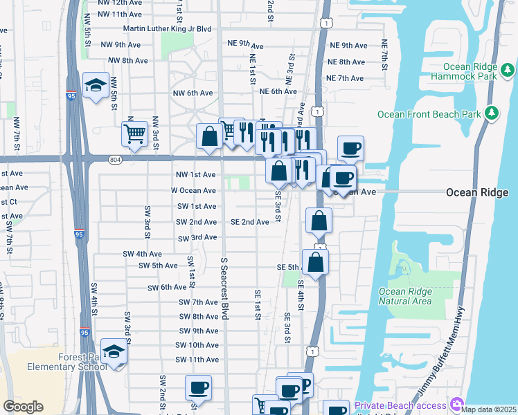 map of restaurants, bars, coffee shops, grocery stores, and more near 145 Southeast 2nd Avenue in Boynton Beach