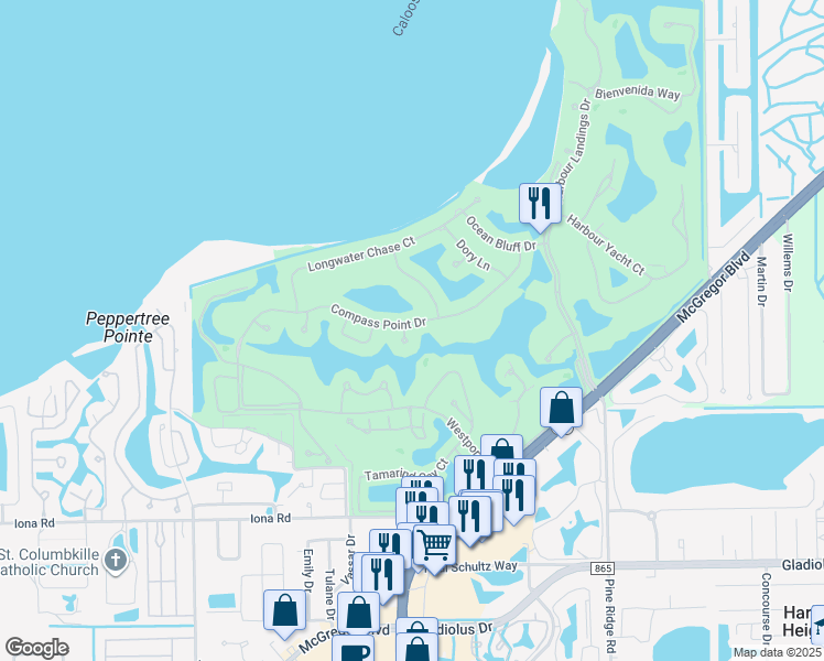 map of restaurants, bars, coffee shops, grocery stores, and more near 14601 Highland Harbour Court in Fort Myers