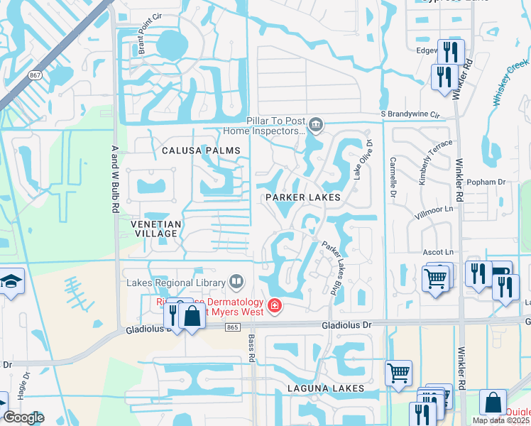 map of restaurants, bars, coffee shops, grocery stores, and more near 14960 Vista View Way in Fort Myers