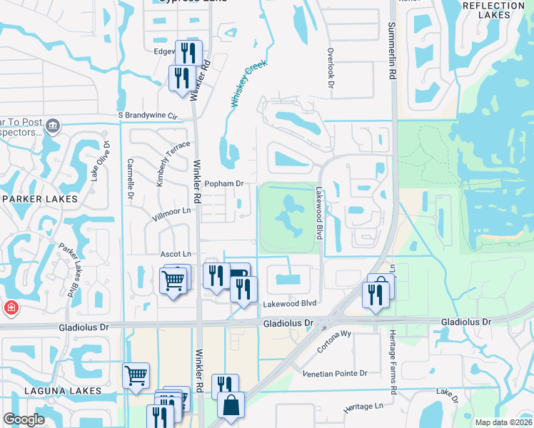 map of restaurants, bars, coffee shops, grocery stores, and more near 14821 Royal Oak Court in Fort Myers
