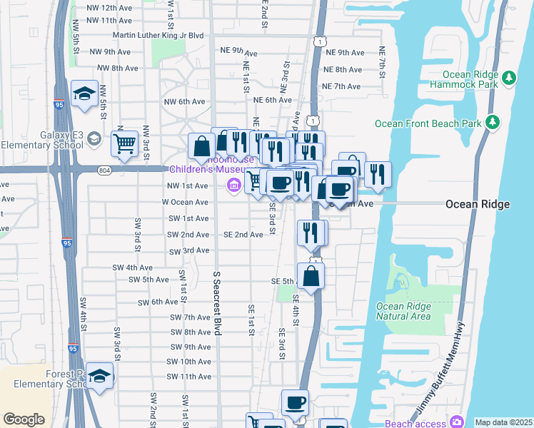 map of restaurants, bars, coffee shops, grocery stores, and more near 226 Southeast 1st Avenue in Boynton Beach